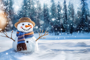 Fototapeta premium Happy and cute snowman . Merry Christmas and happy New Year greeting card with copy-space. Winter fairytale. Festive winter season