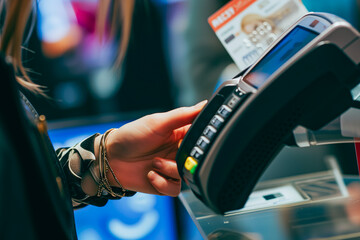 person's hand, adorned with a trendy bracelet, taps a smartphone against a payment terminal