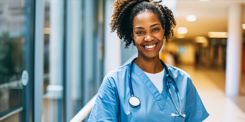 happy Black female nurse with curly hair, wearing blue scrubs and a stethoscope in a hospital hallway.