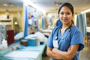 confident Asian female nurse in blue scrubs with folded arms, standing in a hospital ward.