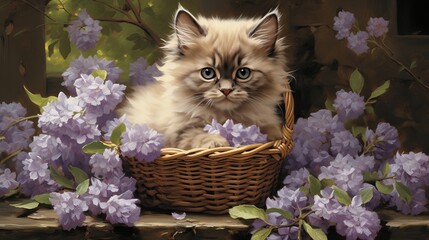 Youthful cat with stylish collar surrounded by luscious lilac flowers in a basket