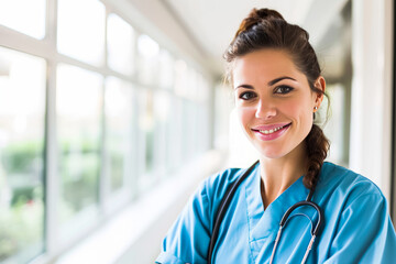 cheerful female nurse in blue scrubs with a stethoscope, standing by a window.