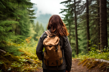 Immersed in nature, a woman is captured from behind as she traverses through the forest, relishing the serenity of the surroundings on her hiking journey.





