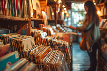 Surrounded by shelves lined with vinyl records, a music aficionado flips through a collection of vintage albums.