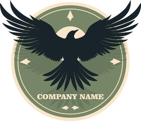 Proud raven bird, eagle spread its wings on green background. Logo, emblem, vector illustration