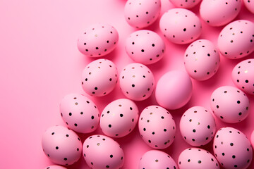 A vibrant pink backdrop sets the stage for an array of Easter eggs, creating a festive and colorful display.