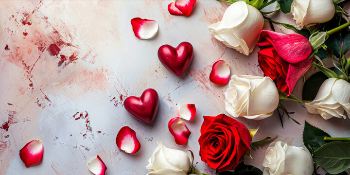 White and red roses with hearts on painted background.