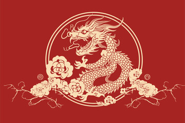 Vector china oriental dragon symbol logo red background