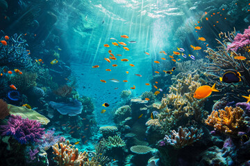vibrant underwater scene, teeming with colorful coral reefs and tropical fish