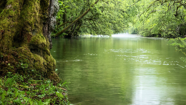 Panoramic image of a foggy river landscape