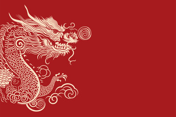 Vector gold china oriental dragon logo symbole sticker label red background