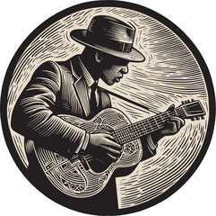 Woodcut Style Blues Musician