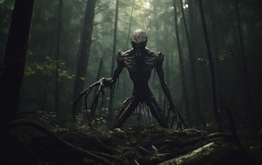 Creepy creature in the middle of the forest - obrazy, fototapety, plakaty