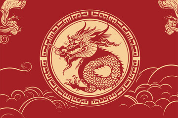 Vector gold china oriental dragon logo symbole sticker label red background - obrazy, fototapety, plakaty