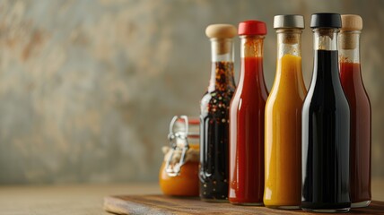 A collection of assorted condiment bottles on a wooden surface