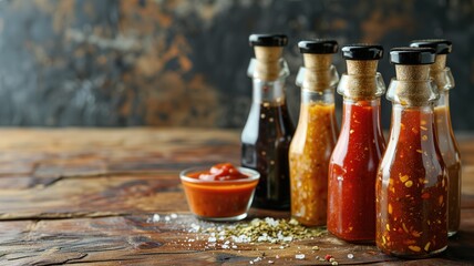Variety of spicy sauces in glass bottles on wood
