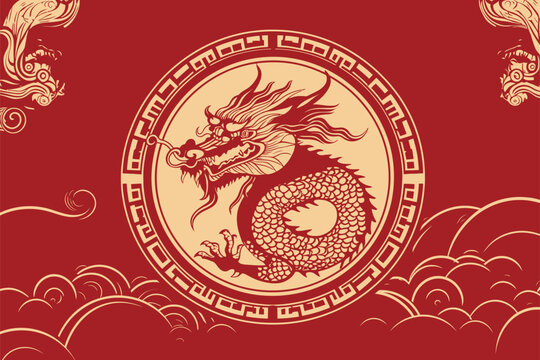 Vector Gold China Oriental Dragon Logo Symbole Sticker Label Red Background