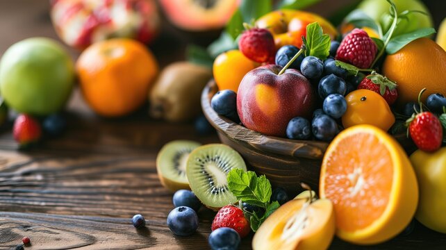 Assorted fresh fruits on a wooden platter