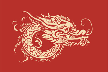 Vector gold china oriental dragon logo symbole sticker label red background