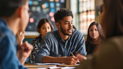 Young man engaged in a group discussion in a classroom - obrazy, fototapety, plakaty