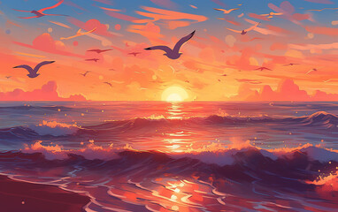 Illustration of sunset with some seagulls