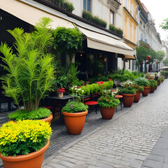 Fototapeta na wymiar Many beautiful potted plants outside a street cafe