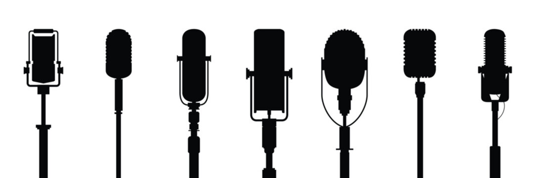 Set of black silhouettes of microphones. Vector microphones on a white background. Classic instruments symbols for store, conversation genre, podcast or music app.