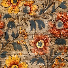 Seamless vintage decorative flowers painting on wood pattern background