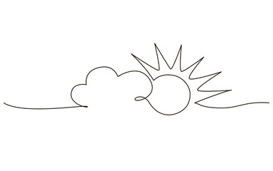Clouds with sun continuous one line icon drawing on white background. Hot temperature and summer travel symbol vector illustration in doodle style. Summer sun contour line sign 
