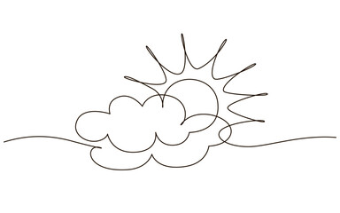 Clouds with sun continuous one line icon drawing on white background. Hot temperature and summer travel symbol vector illustration in doodle style. Summer sun contour line sign 
