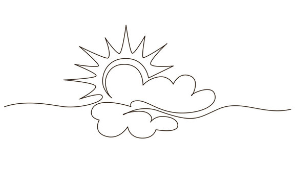 Clouds with sun continuous one line icon drawing on white background. Hot temperature and summer travel symbol vector illustration in doodle style. Summer sun contour line sign 