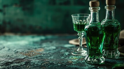 Two glasses and bottles of green herbal liqueur, absinthe with plants around