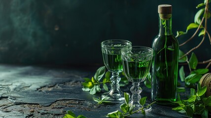 Two glasses of green herbal liquor, absinthe with a bottle and fresh herbs