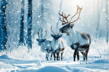 family of reindeer in a snowy forest