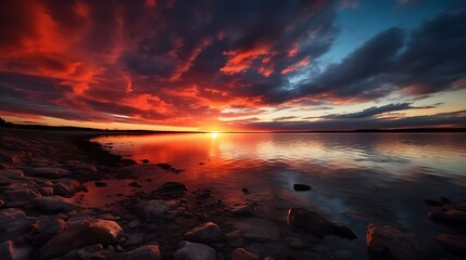 Sunset over a calm ocean, with hues of orange, pink, and purple painting the sky. Dark red sunset above seashore. Reflection of a fascinating sunset on the sea. Calm and beautiful