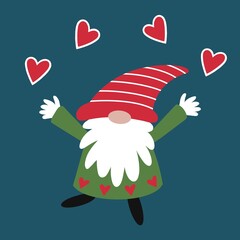 Gonk with striped hat and hearts on tunic. Quirky and fun cartoon gonk for Valentine's Day. Love is in the air.
