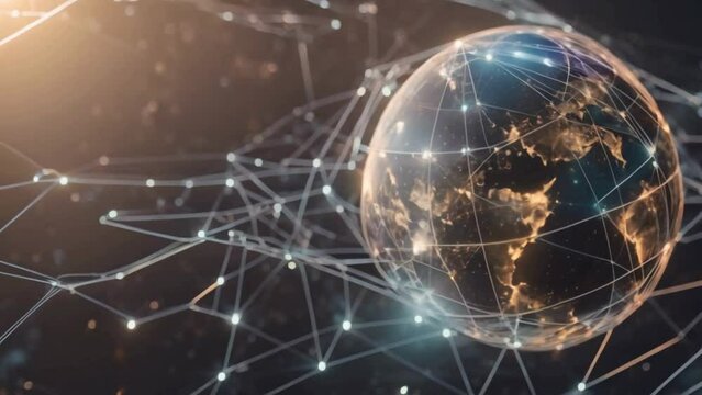 A composite visual representing the concept of a global communication network, smart city, and digital transformation. The perspective is akin to a dr