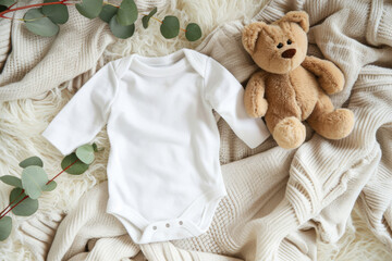 White cotton baby short sleeve bodysuit, toy teddy bear and eucalyptus branch on white ivory blanket throw background. Blank infant onesie mockup template. Top view - obrazy, fototapety, plakaty