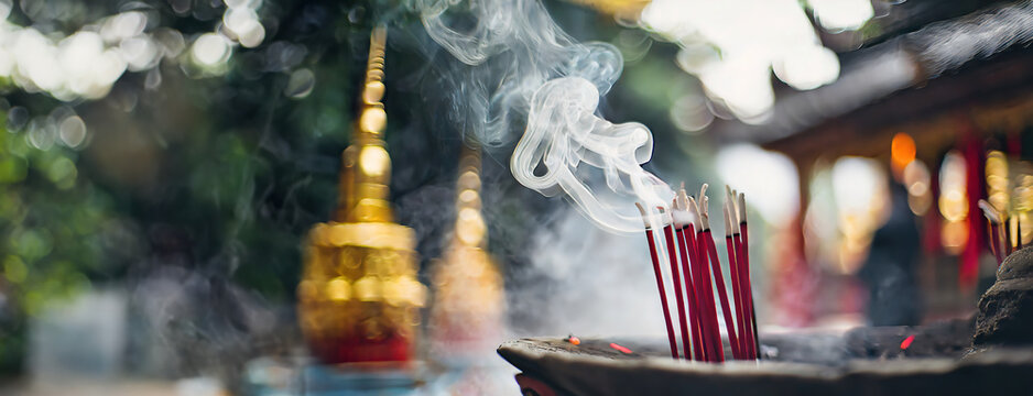 Incense Sticks Emitting Smoke at a Traditional Asian Temple. Incense sticks burn with wisps of smoke rising against a golden temple backdrop, creating a mystical atmosphere