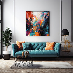 turquoise sofa with painting on the wall