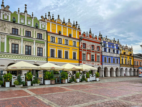 Chelm, Poland, September 3, 2023: The market square in Zamosc and historic, colorful tenement houses around the market square