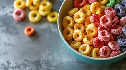 Tuinposter Colorful cereal rings in a bowl on a textured table © Artyom