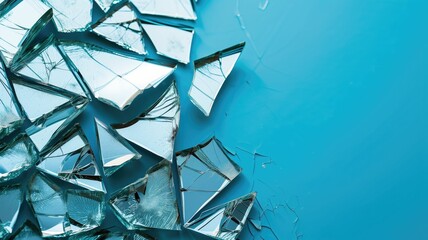 Shattered glass pieces on a teal background, depicting breakage and fragility - obrazy, fototapety, plakaty