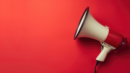 A cream megaphone on a bold red background, symbolizing loud announcements - obrazy, fototapety, plakaty