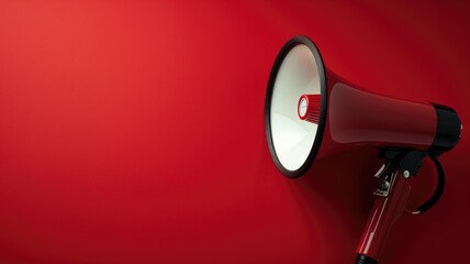 A red megaphone on a red background, a classic symbol of amplification - obrazy, fototapety, plakaty