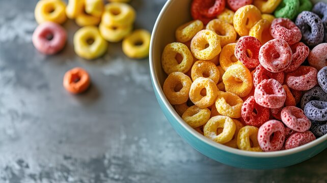 Colorful cereal rings in a bowl on a textured table