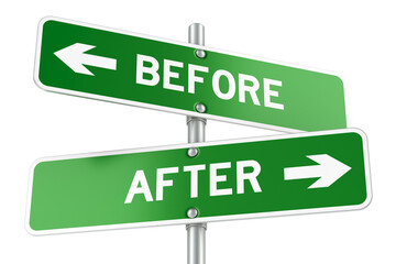 After and Before directions. Opposite traffic sign, 3D rendering isolated on transparent background - obrazy, fototapety, plakaty