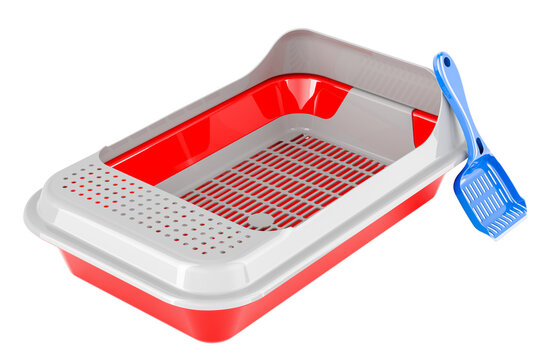 Cat Litter Tray with litter scoop. 3D rendering isolated on transparent background