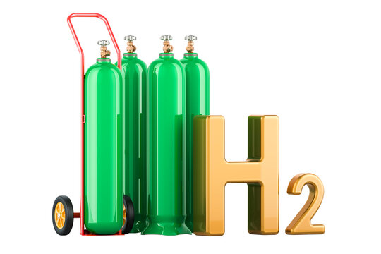 Gas cylinders with hydrogen H2, Green gas cylinder with hand truck. Gas Delivery Service, concept. 3D rendering isolated on transparent background
