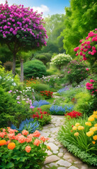 Paradise garden full of flowers, beautiful idyllic background with many flowers in Eden